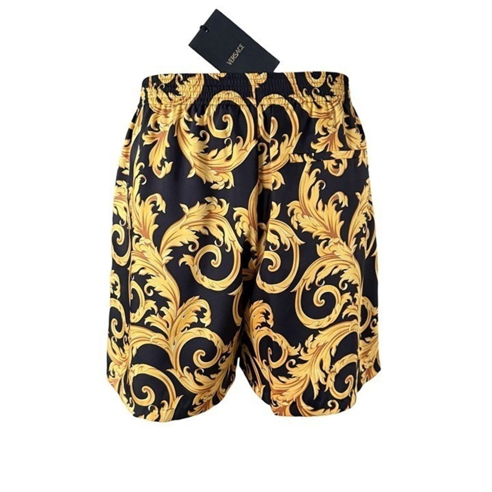 Versace Men'sBaroque Print Twill Poly Shorts Black Gold Print Shorts, sz 50 - Picture 2 of 12